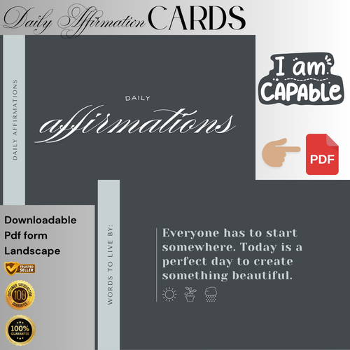 Daily Affirmation Cards with a motivational quote and PDF icon on a gray background